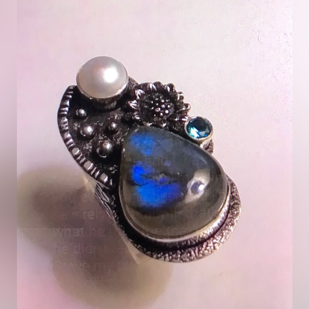 Labradorite Blue Topaz Pearl Stamped 925 Sterling Silver Ring
